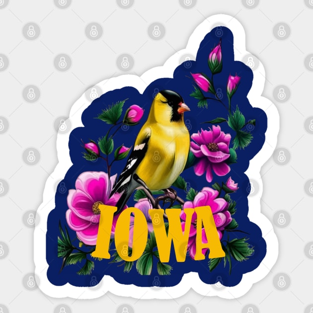 Goldfinch Surrounded By Pink Wild Roses Iowa Sticker by taiche